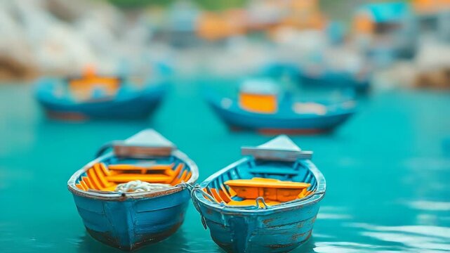 Selective focus miniature blue boats with orange seats floating on turquoise water