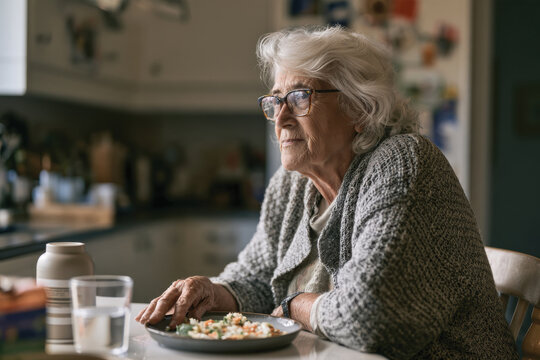 A thoughtful elderly woman gazes out while sitting at her kitchen table, capturing a moment of reflection and the essence of comfort in everyday life and aging.