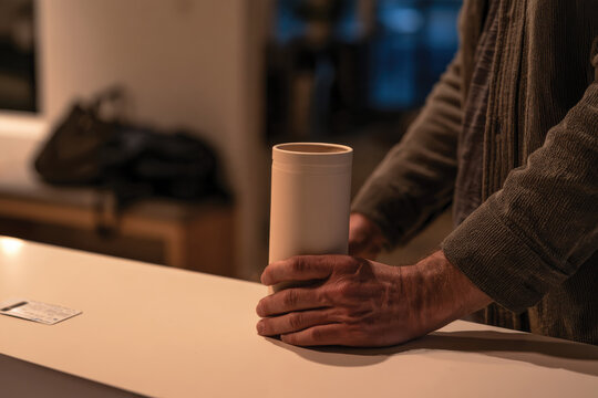 A man holds a travel mug in a cozy kitchen setting, suggesting a moment of pause and reflection in a busy life filled with daily routines and personal journeys.