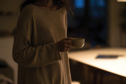 A woman stands holding a coffee cup in a dimly lit area, embodying moments of comfort and tranquility as day turns to night in a serene environment.