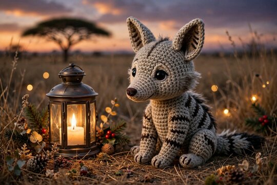 Crochet baby aardwolf beside a glowing candle lantern in the savanna at dusk