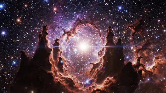 Bright central star surrounded by vast interstellar dust and gas clouds