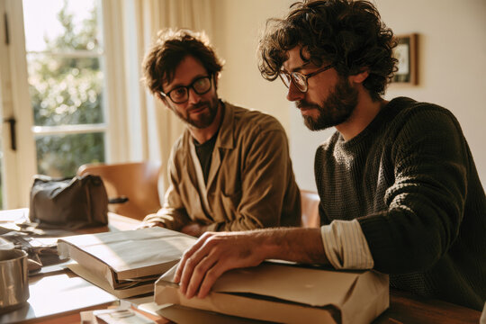 Two friends sit at a table, discussing ideas while surrounded by books, a laptop, and a package, suggesting a moment of connection and creativity.