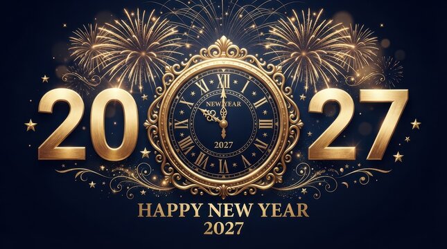 Happy New Year Golden Happy New Year 2027 typography with ornate clock and fireworks background for festive holiday celebration greeting card 2027