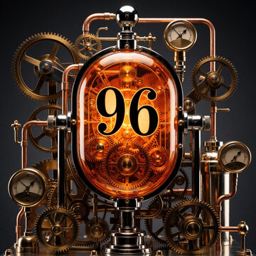 Steampunk machine with large number 96 inside glass capsule. Intricate brass gears, copper pipes, vintage gauges form complex mechanism. Mechanical device features glowing orange light, detailed