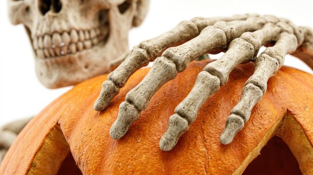 A close up view of a spooky skeleton hand resting gracefully on a bright orange carved Halloween pumpkin with a blurred skull head in the background