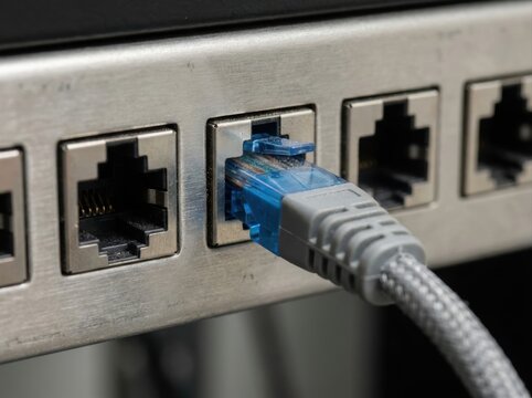 network patch panel port macro Ethernet cable plugged into a network switch's port close-up view.