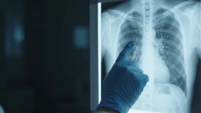 X ray chest scan showing ribs lungs with gloved hand pointing   for medical examination diagnosis in dark room focused light human radiology healthcare skeleton radiology examination