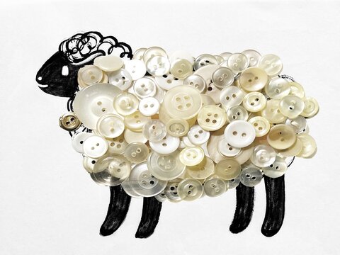 sheep-shaped object made from button collage, sheep made with buttons, small sheep button art, sheep-shaped object, decorative illustration made with white buttons