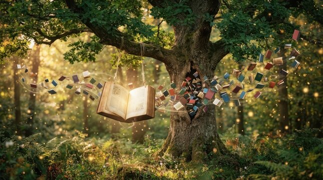 Enchanted floating book with glowing pages flying from tree hollow in forest