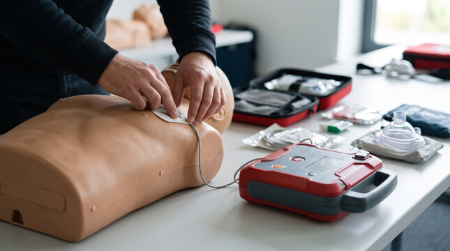 Student applying AED electrode pads to a training mannequin during a professional first aid and life-saving certification course.