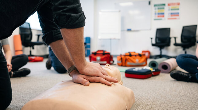 A close-up of a student practicing chest compressions on a medical mannequin during a life-saving CPR and first aid training course.