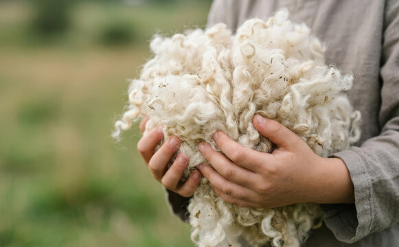 Young child holding raw sheep fleece in hands outdoors showing natural organic wool harvesting and sustainable textile production process for artisan crafts