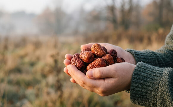 Hands holding dried jujube dates in hands outdoors with autumn background representing healthy organic harvest
