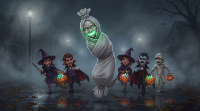 Happy children in Halloween costumes running away from a glowing green flying ghost on a foggy street