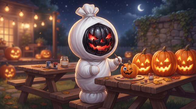 A shrouded ghost character with a dark metallic pumpkin face painting a small jack-o'-lantern on a wooden table