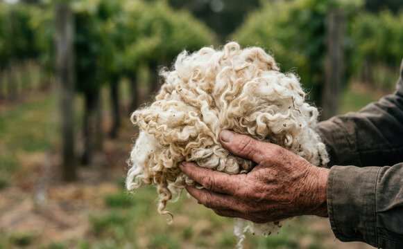 Farmer holding freshly shorn raw sheep wool fleece in a vineyard representing sustainable agriculture and viticulture practices
