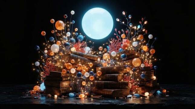 Magical stack of vintage books glowing with fairy lights and glowing moon sphere in night