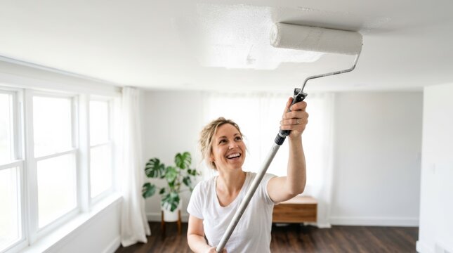 A woman happily painting a white ceiling with a roller in a bright, clean, modern room with large windows and wooden flooring.