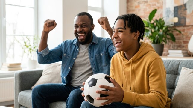 A joyful father and son celebrate together while watching a soccer game at home, with the son holding a soccer ball and both showing excited expressions.
