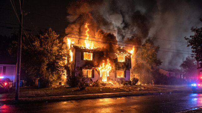 A dramatic scene of a residential home fully engulfed in flames with emergency response vehicles on a suburban street at night.