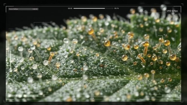 Microscopic Marvel: Close-up macro photography reveals the intricate trichomes on a cannabis leaf, each droplet of resin shimmering like a tiny jewel under the light.