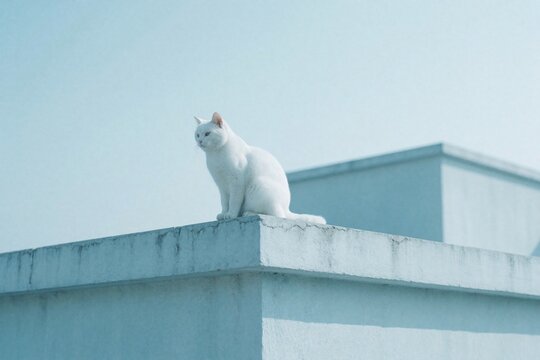 Small white cat sits on concrete roof edge. Cute domestic pet looks away against clear blue sky. Lone feline rests on building ledge outdoors. Minimalist scene features albino kitten on top of urban