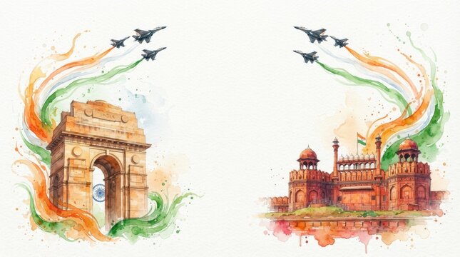 Republic Day Watercolor illustration of India Gate and Red Fort with fighter jets performing air show in Indian flag colors smoke India