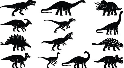 Black dinosaur silhouette vector graphics bundle featuring prehistoric jurassic animals wild reptiles predators and ancient monsters shapes © SUFIA