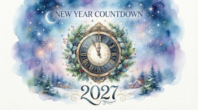 Happy New Year Watercolor winter landscape with clock and fireworks for New Year countdown 2027 2027