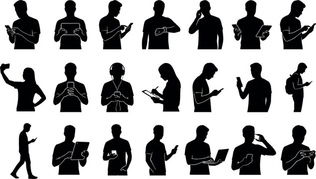 Young people using modern mobile gadgets vector silhouette set featuring smartphone tablet and laptop interaction scenes