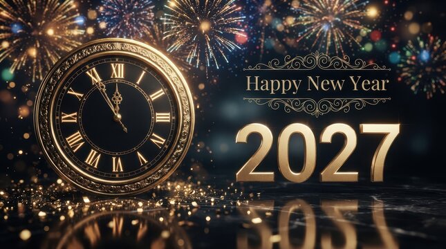Happy New Year Vintage style clock with fireworks background and golden 2027 text for New Year celebration 2027