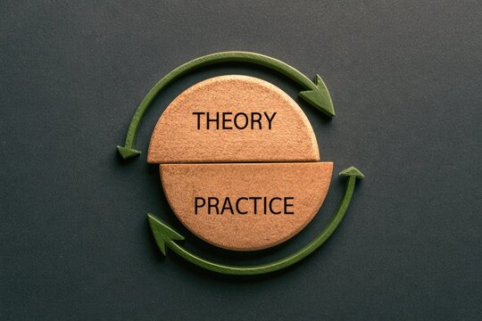 Circular cork pieces labeled "THEORY" and "PRACTICE" connected by green arrows, symbolizing the continuous cycle between theory and practice.