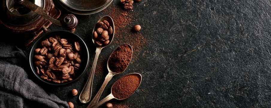 Dark roasted coffee beans and ground coffee displayed in spoons and a bowl on a textured black surface.