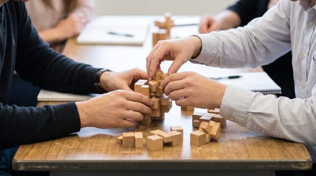 Teamwork and problem solving with wooden puzzles on a table