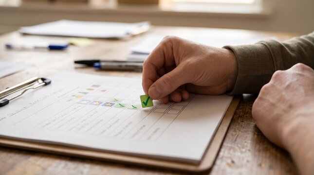 Hand placing a green checkmark sticker on a checklist on a clipboard, close up shot
