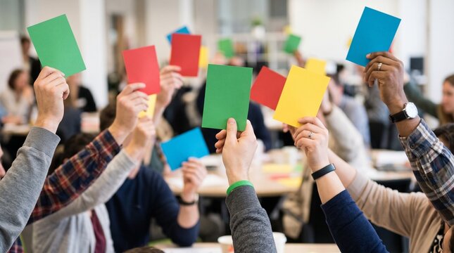 Diverse group of people raising colorful cards in a meeting or workshop setting for voting or feedback
