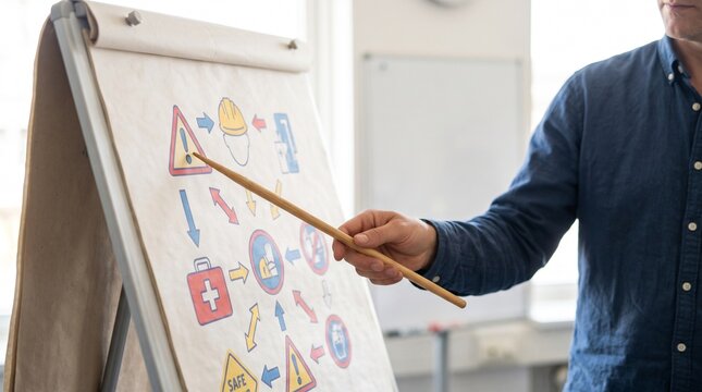 Instructor points to safety signs diagram on flip chart during a workplace safety training session