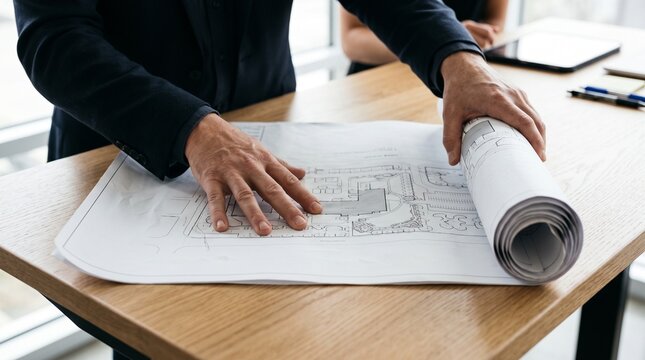 Architectural blueprint review by professionals in a modern office setting discussing building plans