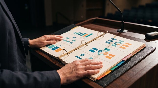 Presenter reviewing business charts and graphs in a binder at a podium during a presentation