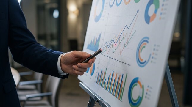 Businessman pointing at financial charts on a whiteboard during a business presentation