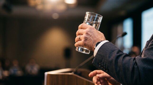 Speaker holding glass of water at podium during presentation or speech with blurred audience in background