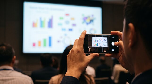 Attendee photographs presentation slides with charts and graphs on smartphone during business conference