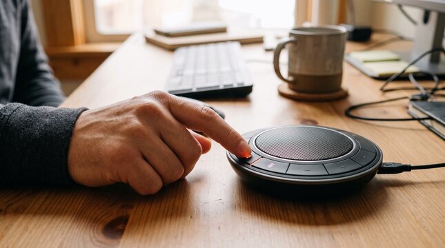 Person's Finger Pressing Button on Conference Speakerphone Device on Wooden Desk