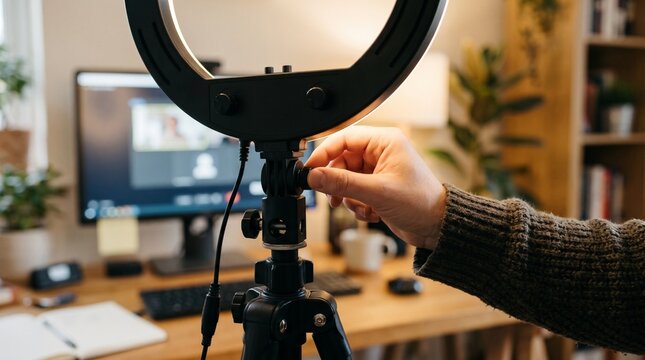 Person adjusting a ring light on a tripod in a home office setup with a computer screen showing a video call