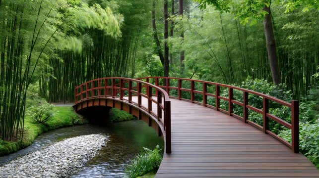 Wooden arch bridge crossing stream in bamboo forest