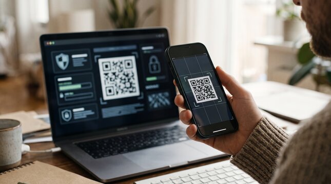 Man scanning QR code on smartphone with laptop displaying security interface and QR code