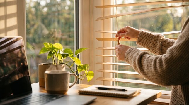 Person adjusting wooden blinds on a window with a laptop and coffee cup on a desk