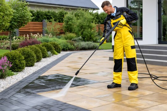 Pressure washing service cleaning a residential patio with a power washer