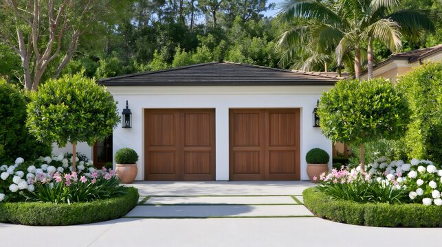 Luxury home garage with wooden doors and landscaping